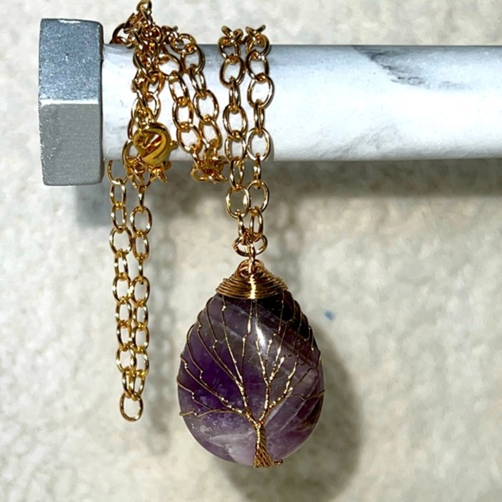 Amethyst Tree of Life Drop Pendant with 24” Chain